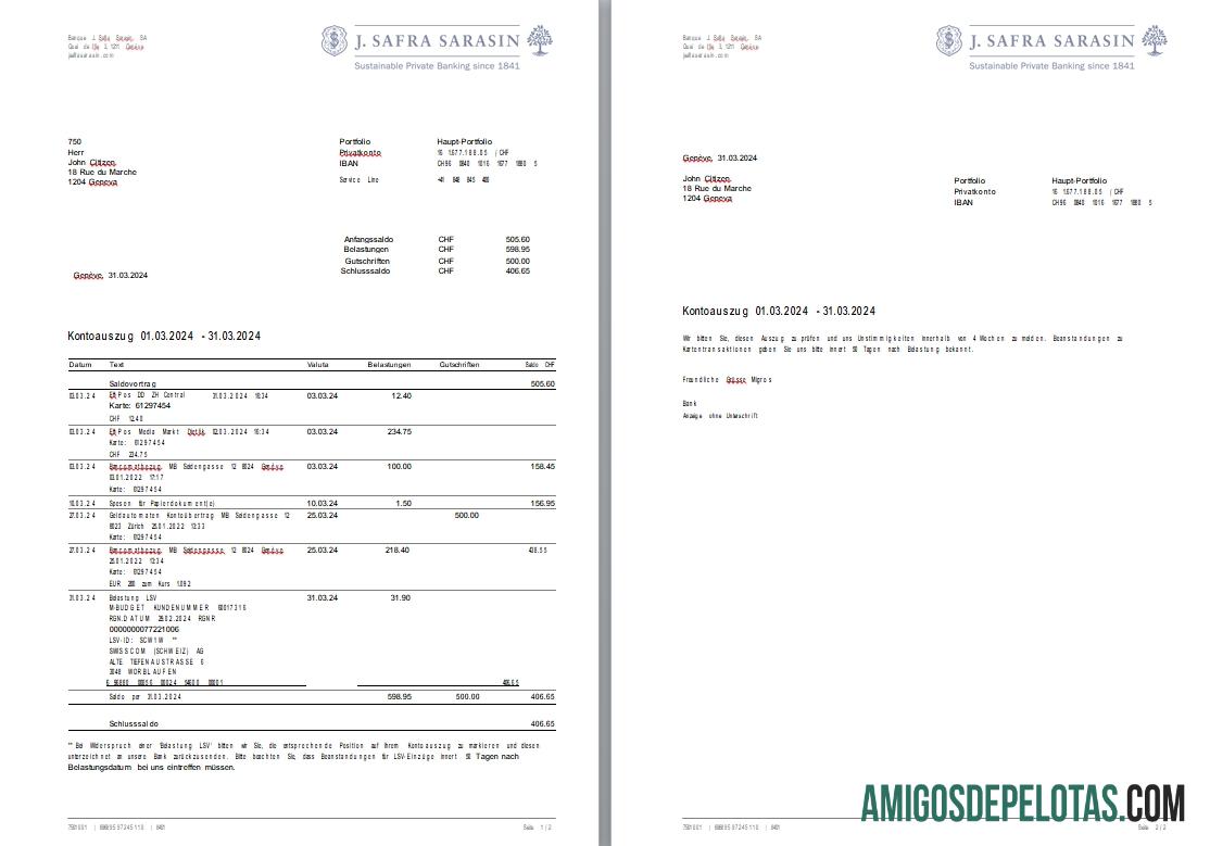 Banco Suíço J. Safra Sarasin Extrato Bancário 2 páginas Cópia amostra